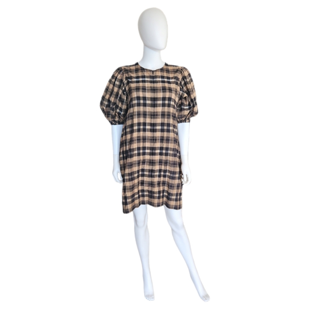 GANNI | Plaid Puff Sleeve Mini Dress in Size 34 / XS